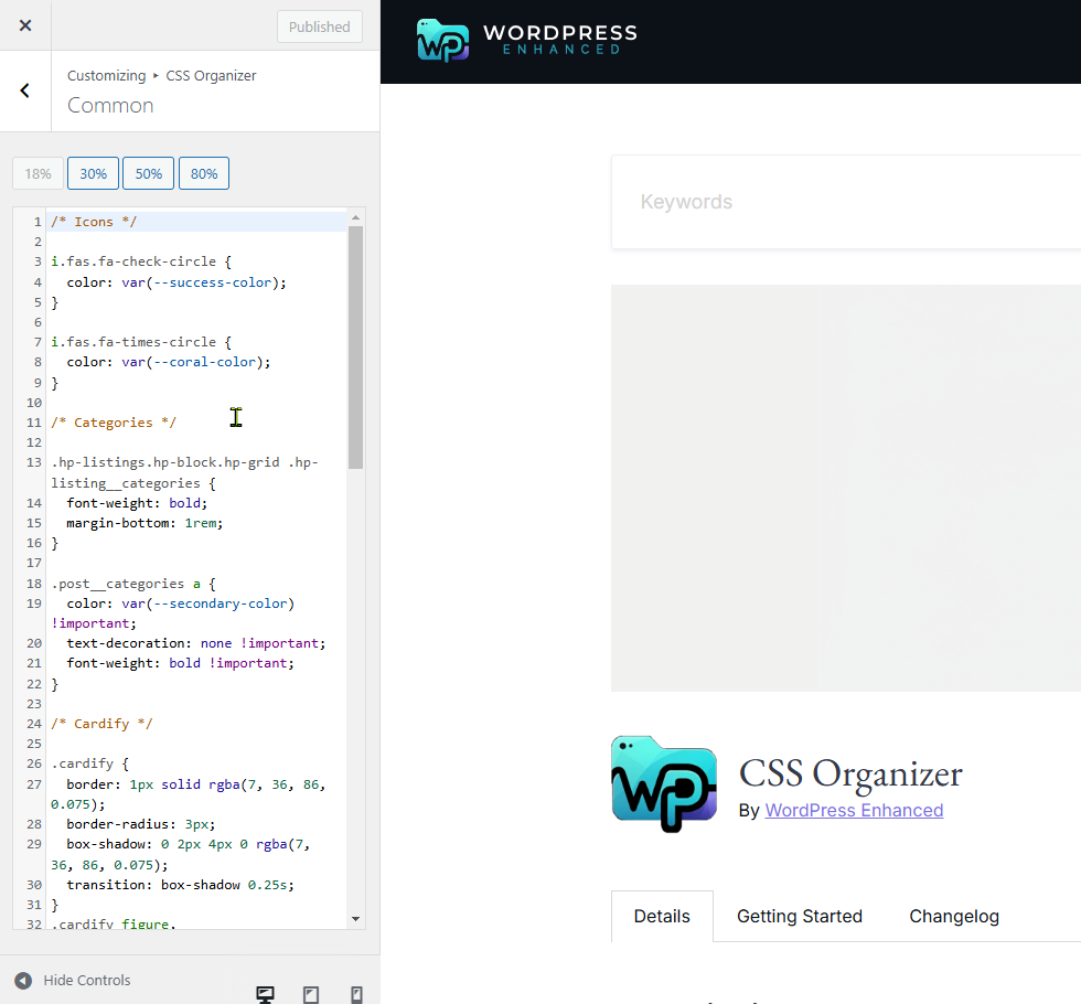 Customizer CSS Organizer section