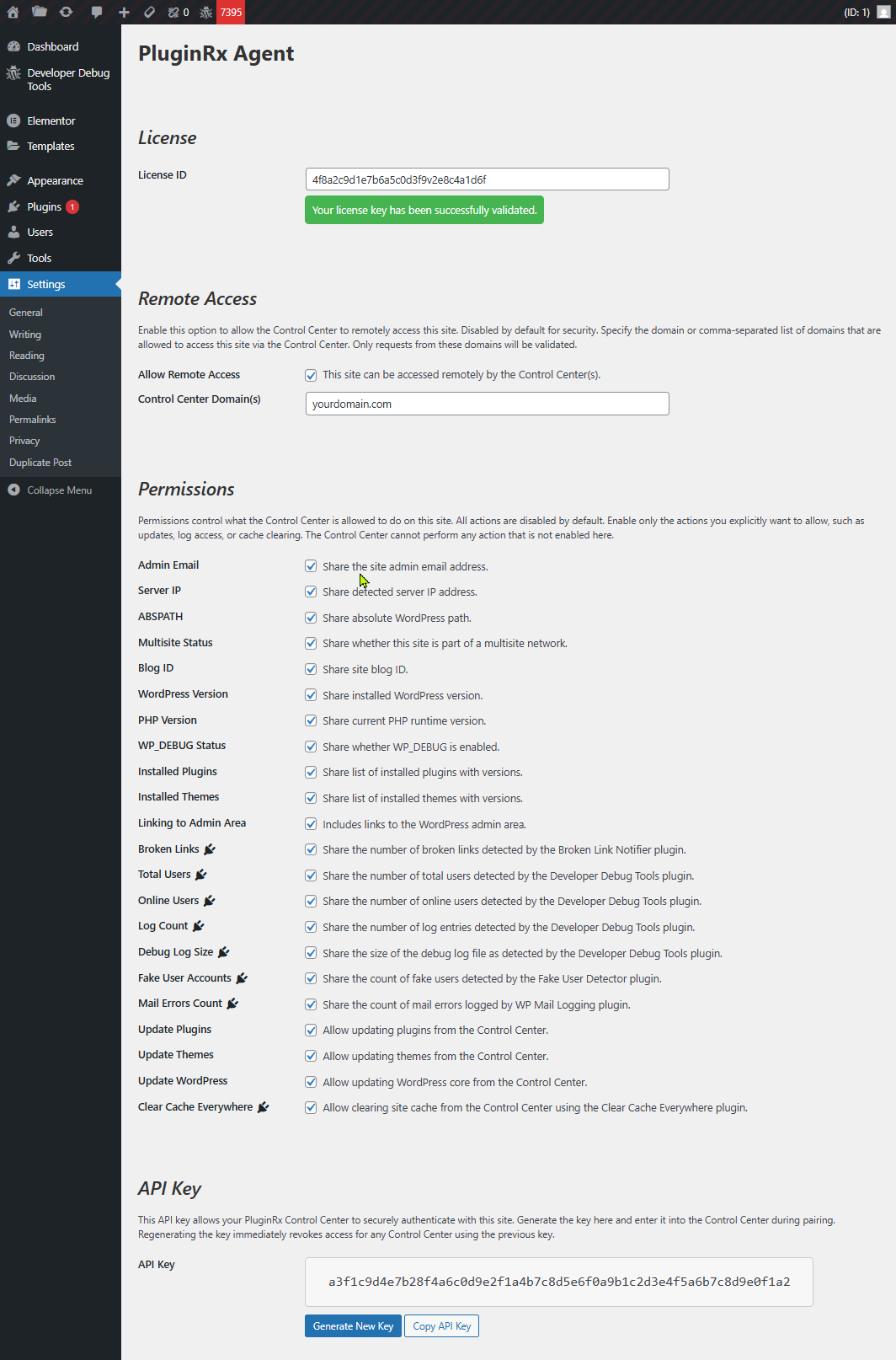 Settings page showing permissions