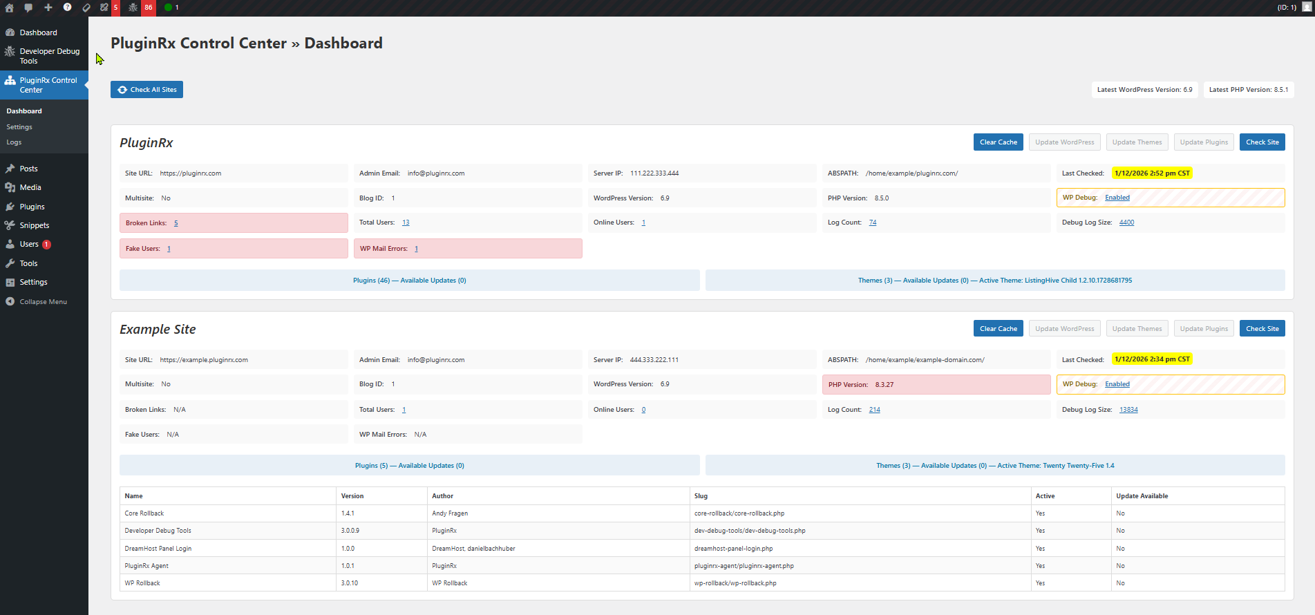 PluginRx Control Center plugin dashboard showing what they see