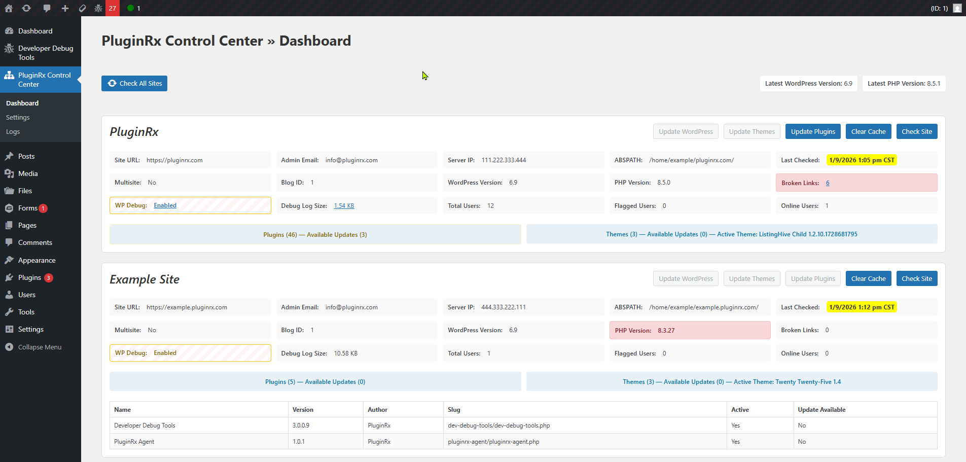 Control Center dashboard showing all connected sites