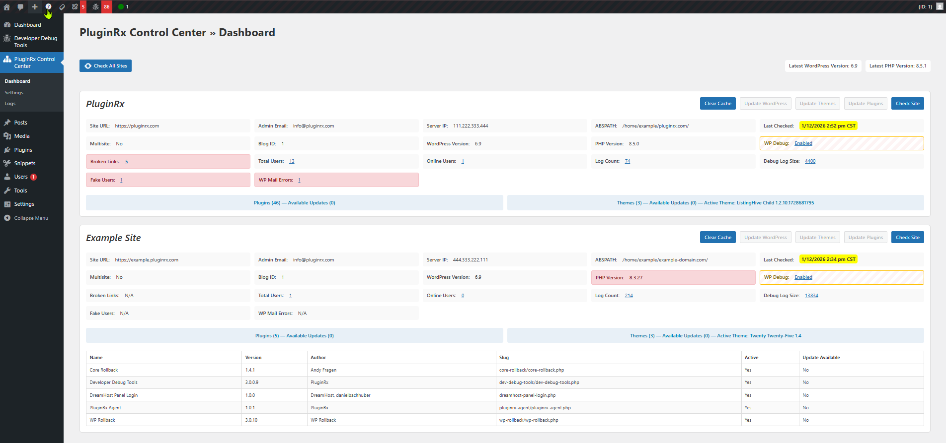 Control Center dashboard showing all connected sites