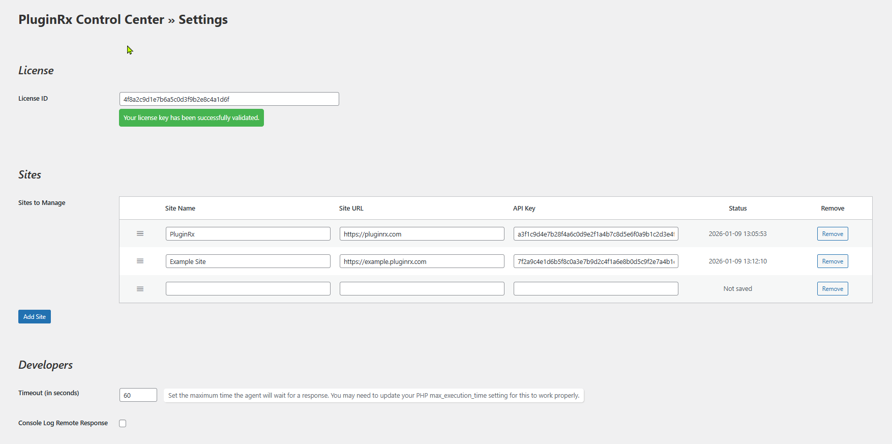Settings page showing where to add new sites