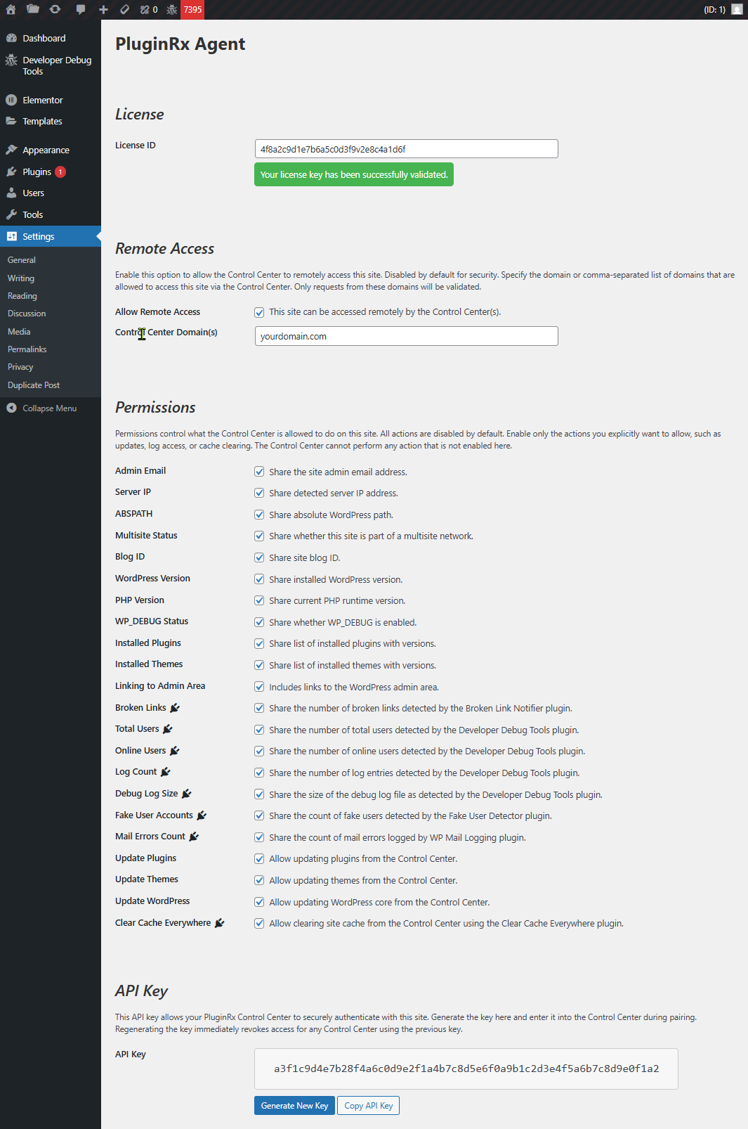 PluginRx Agent plugin settings showing the permissions