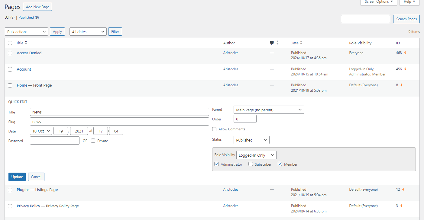 Quick edit on Pages list table (bulk edit also works)