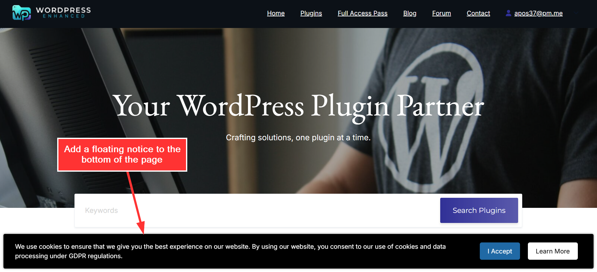 A floating notice at the bottom of the page.