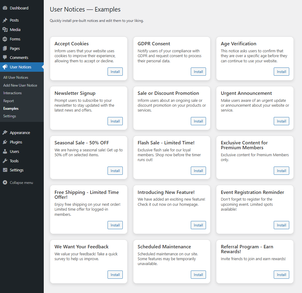 The settings area with example notices you can quickly install.