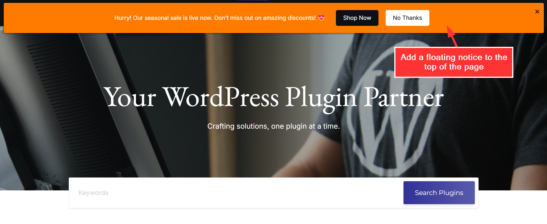 A floating notice at the top of the page.