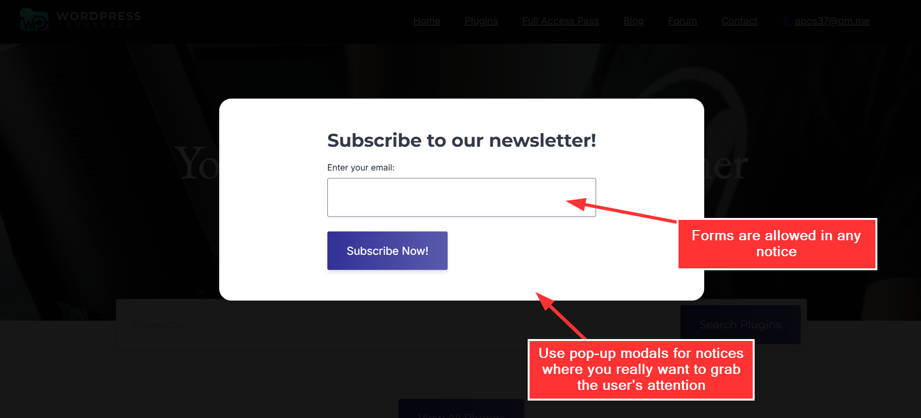A pop-up modal notice using a form.
