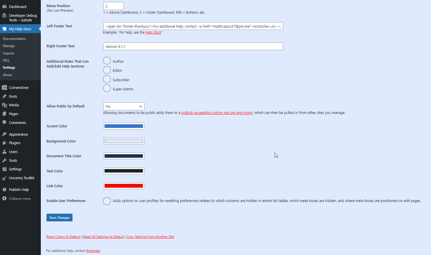 Settings page with colors changed