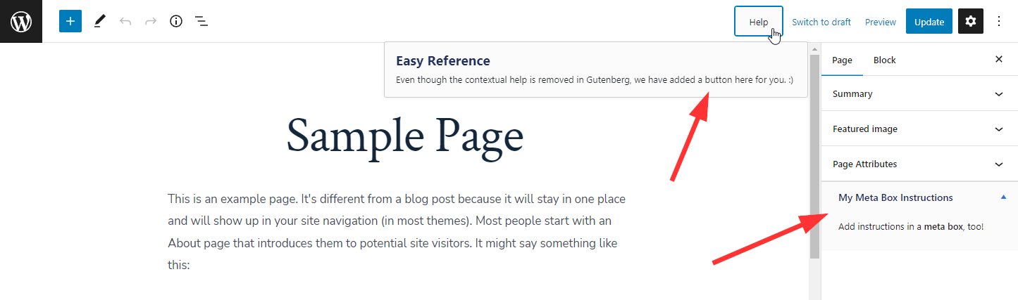 Gutenberg contextual help and side meta box