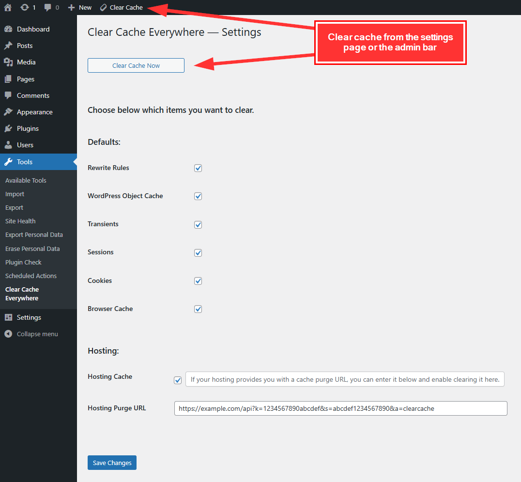 Settings page and admin bar button.