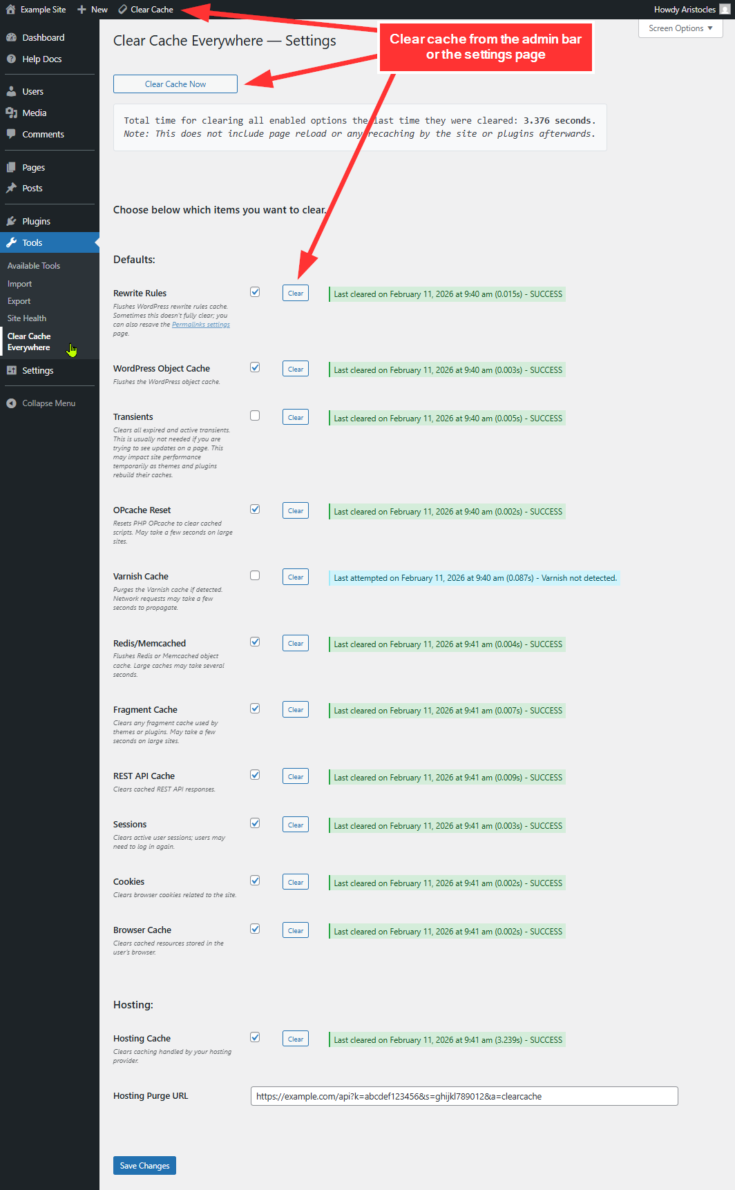 Settings page and admin bar button.