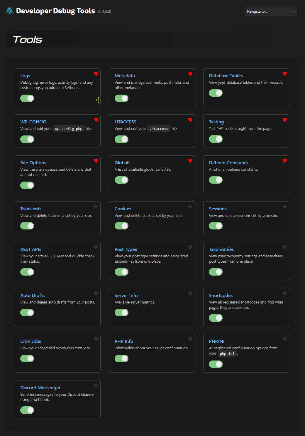 Tools page: enable/disable, sort, favorite