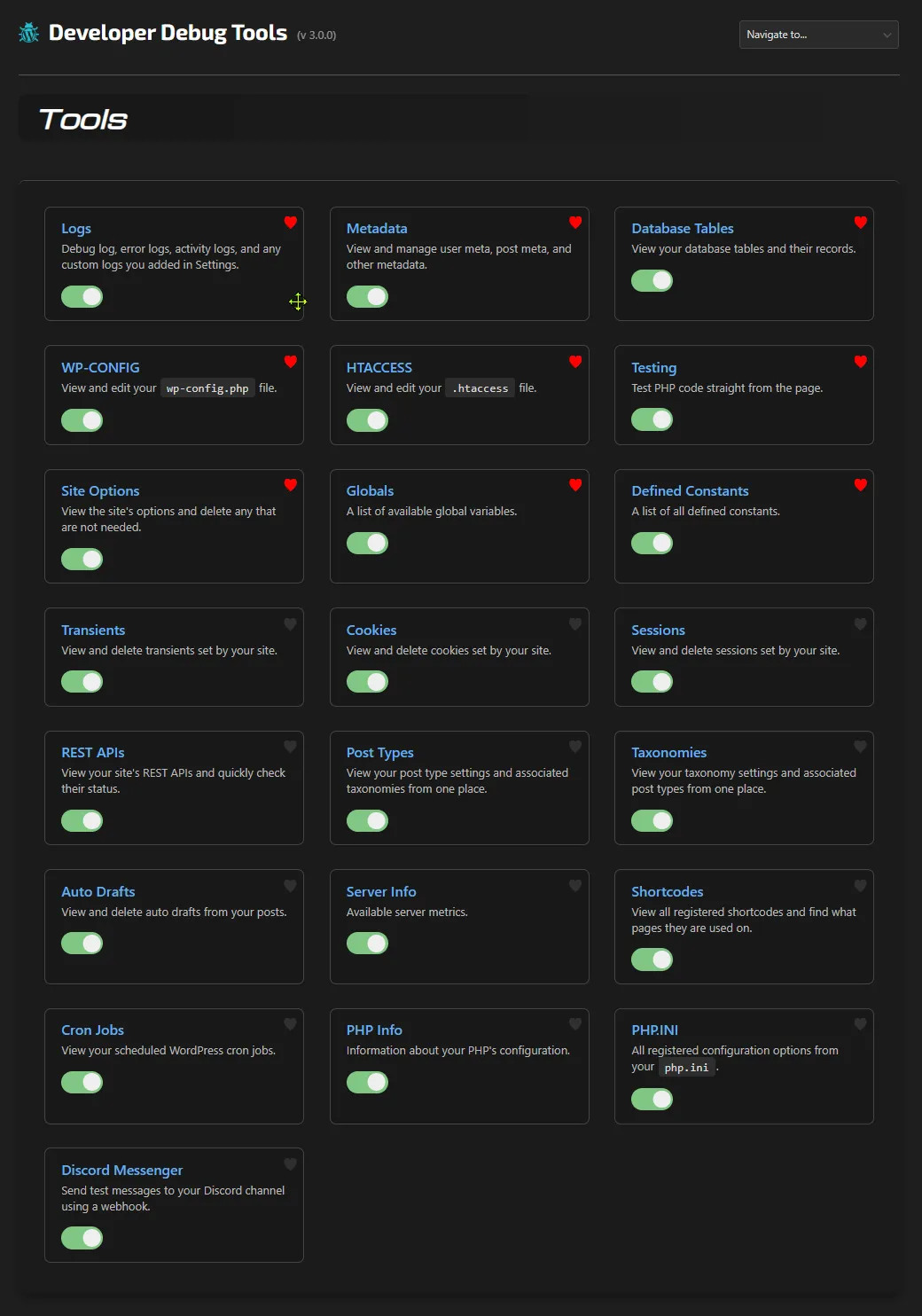 Tools page: enable/disable, sort, favorite