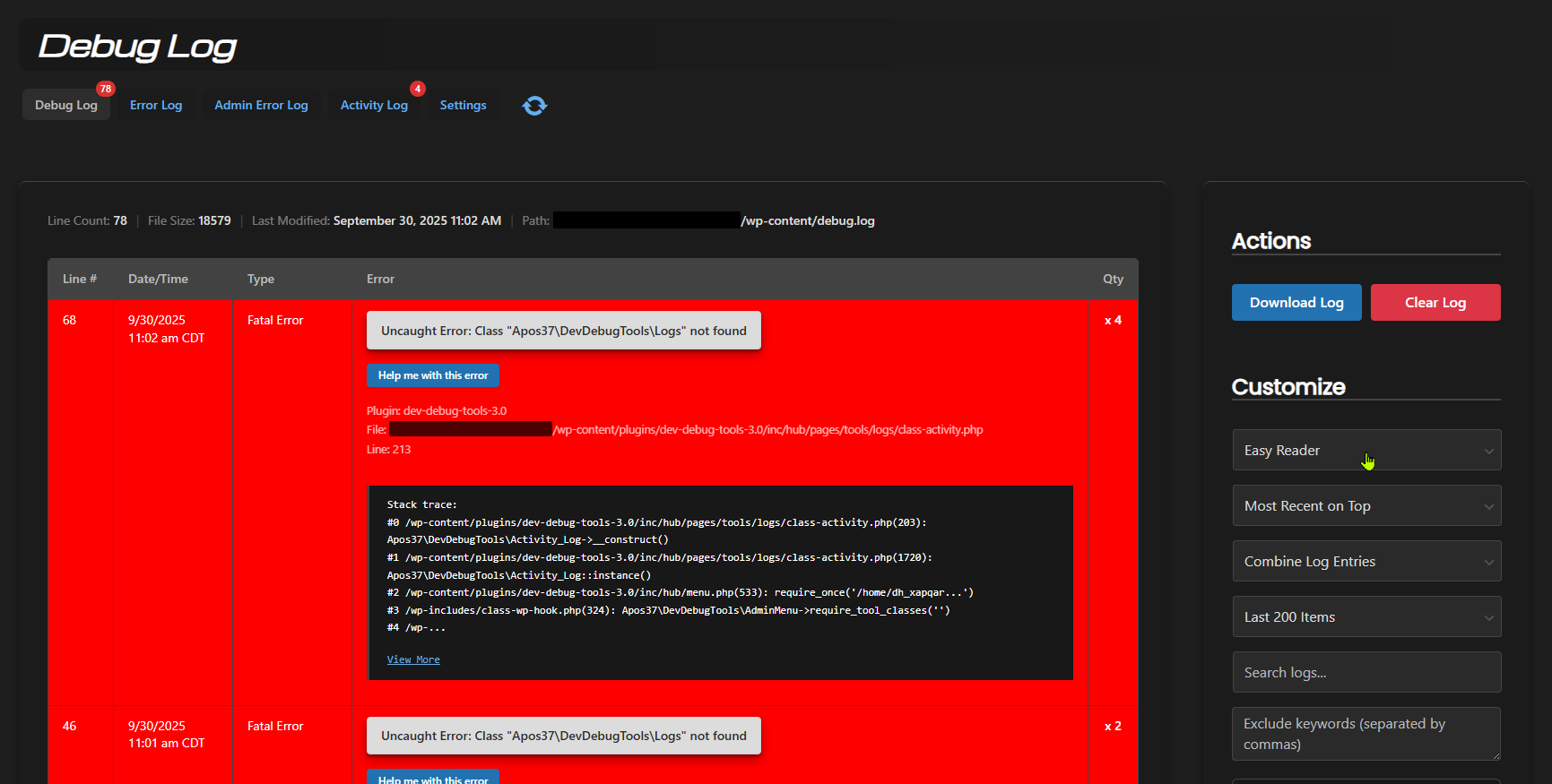 Debug Log viewer using Easy Reader