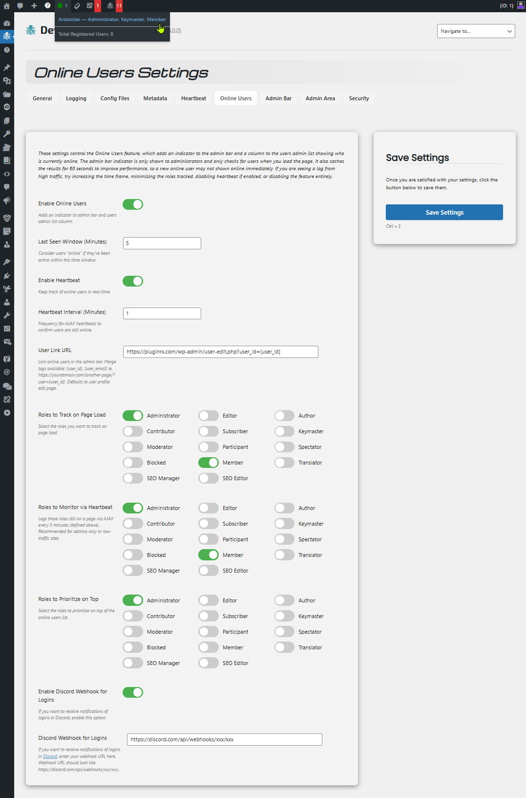 Online users settings in light mode and admin bar drop down