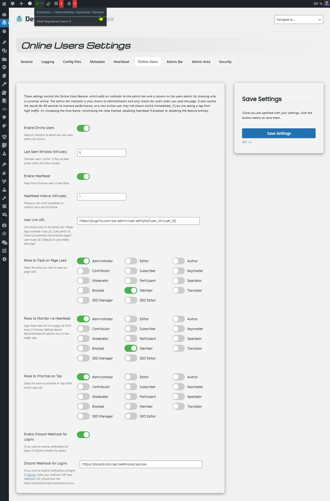 Online users settings in light mode and admin bar drop down