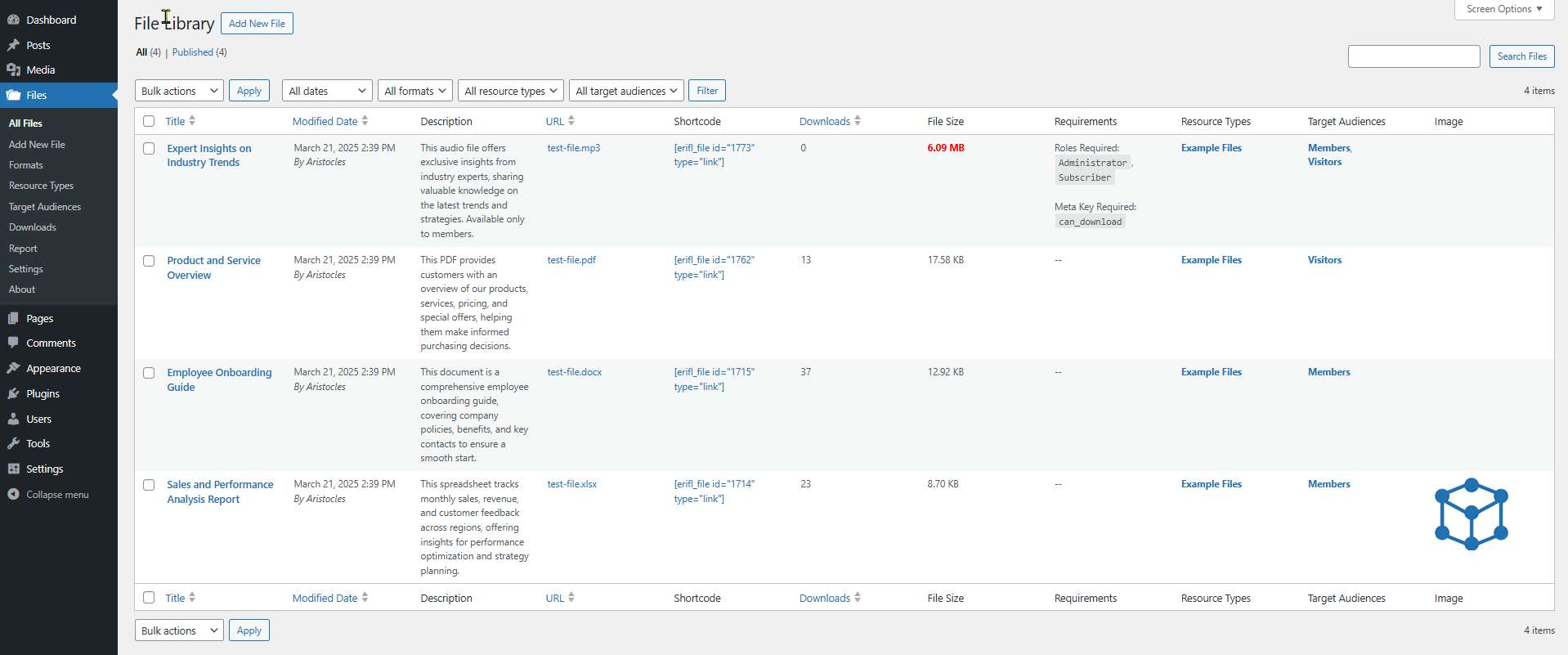 File Library admin list table