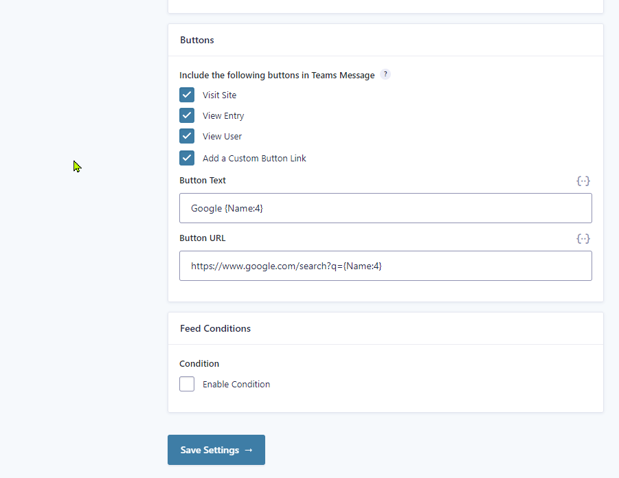 Form feed settings page continued