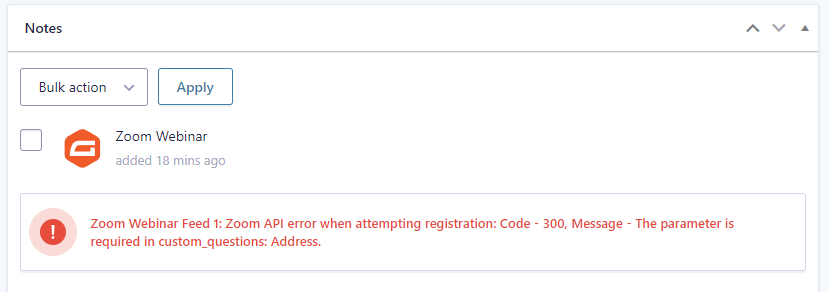 Entry note on failed registration