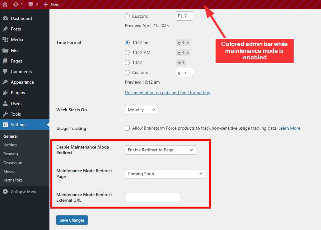 Settings and admin bar