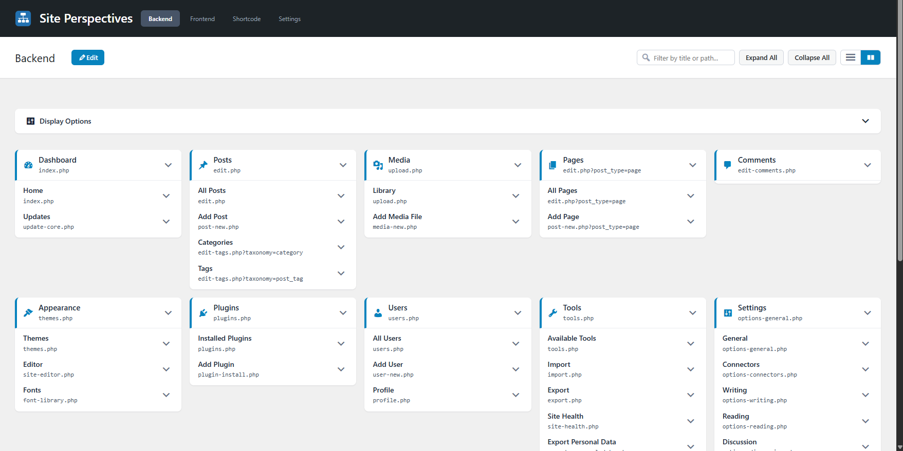 Backend tab in horizontal view