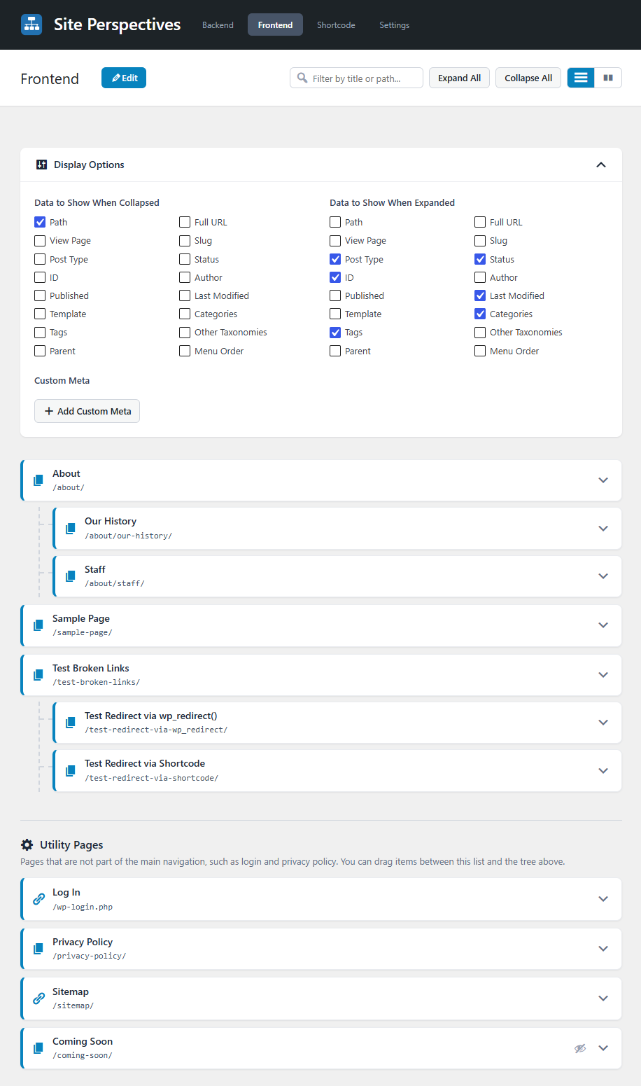 Frontend tab in list view with display options expanded