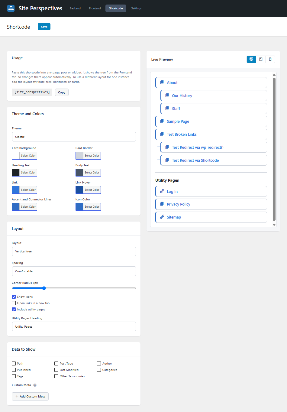 Shortcode tab showing all settings and vertical tree layout