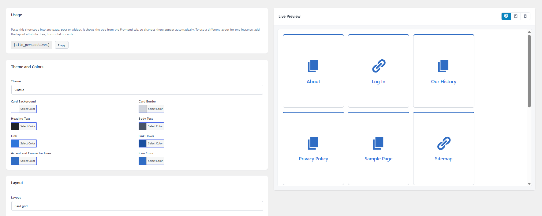 Shortcode tab showing card grid layout