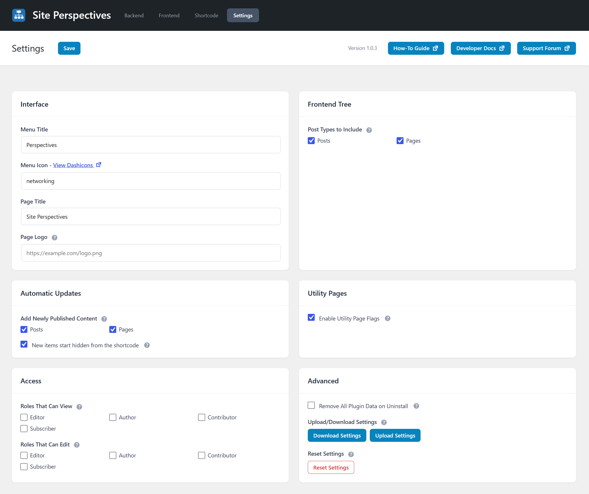 Settings page